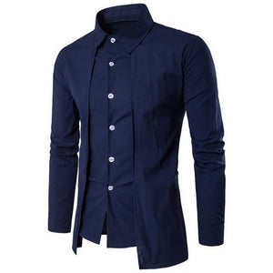 2019 Men's Shirts Casual Fake Two Piece Brand Bussiness Dress Shirts Autumn Solid Cotton Formal Clothing Long-Sleeved Top-blouse